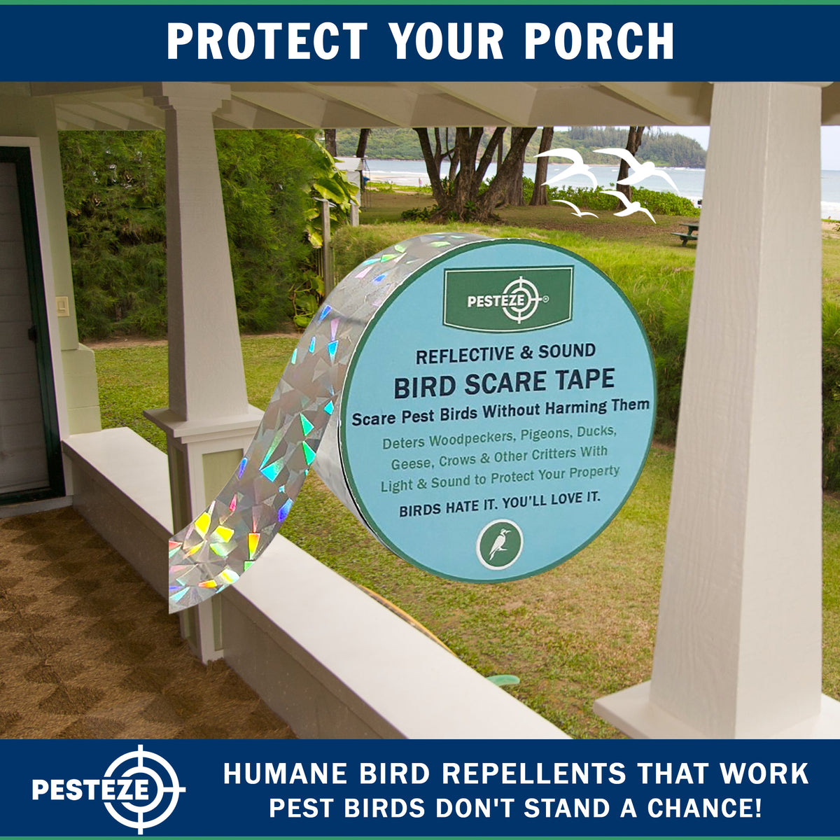 PESTEZE® USA Bird Deterrent Reflective Tape–Dual-Sided Holographic Bird Scare Ribbon (1in x 295ft) for Yards, Gardens & Buildings to Repel Nuisance Birds like Pigeons, Woodpeckers & Geese Without Harm