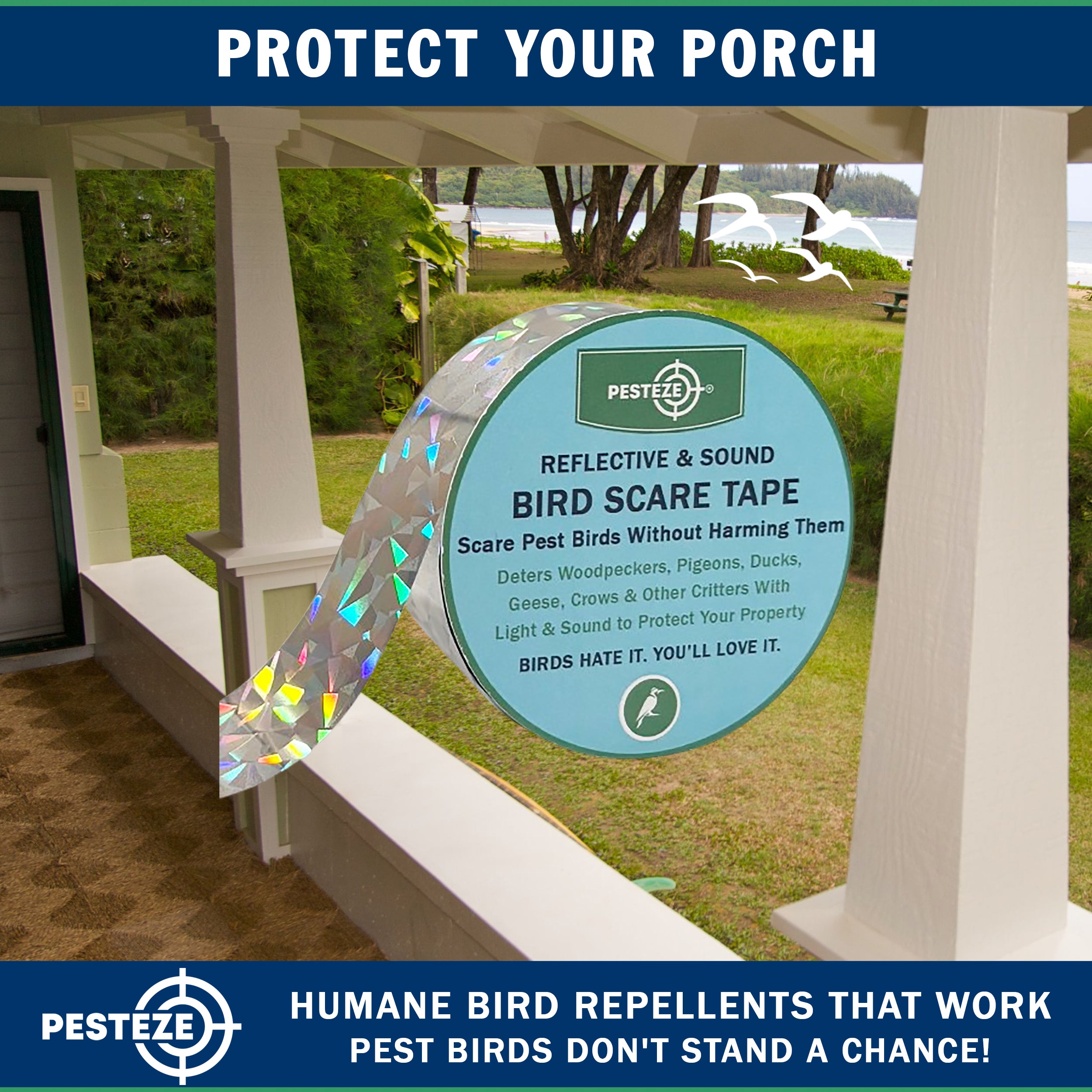 PESTEZE® Dual Sided Holographic Reflective & Sound Bird Scare Tape [2 Inch x 360 ft] Use in Yards & Farms to Protect Vegetables, Fruits, Crops & Buildings from Pest Birds & Critters without Harming them