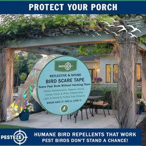 PESTEZE® Holographic Dual Sided Reflective & Sound Bird Scare Tape [1 Inch x 295 ft] Use in Yards & Farms to Protect Vegetables, Fruits, Crops & Buildings from Pest Birds & Critters without Harming them