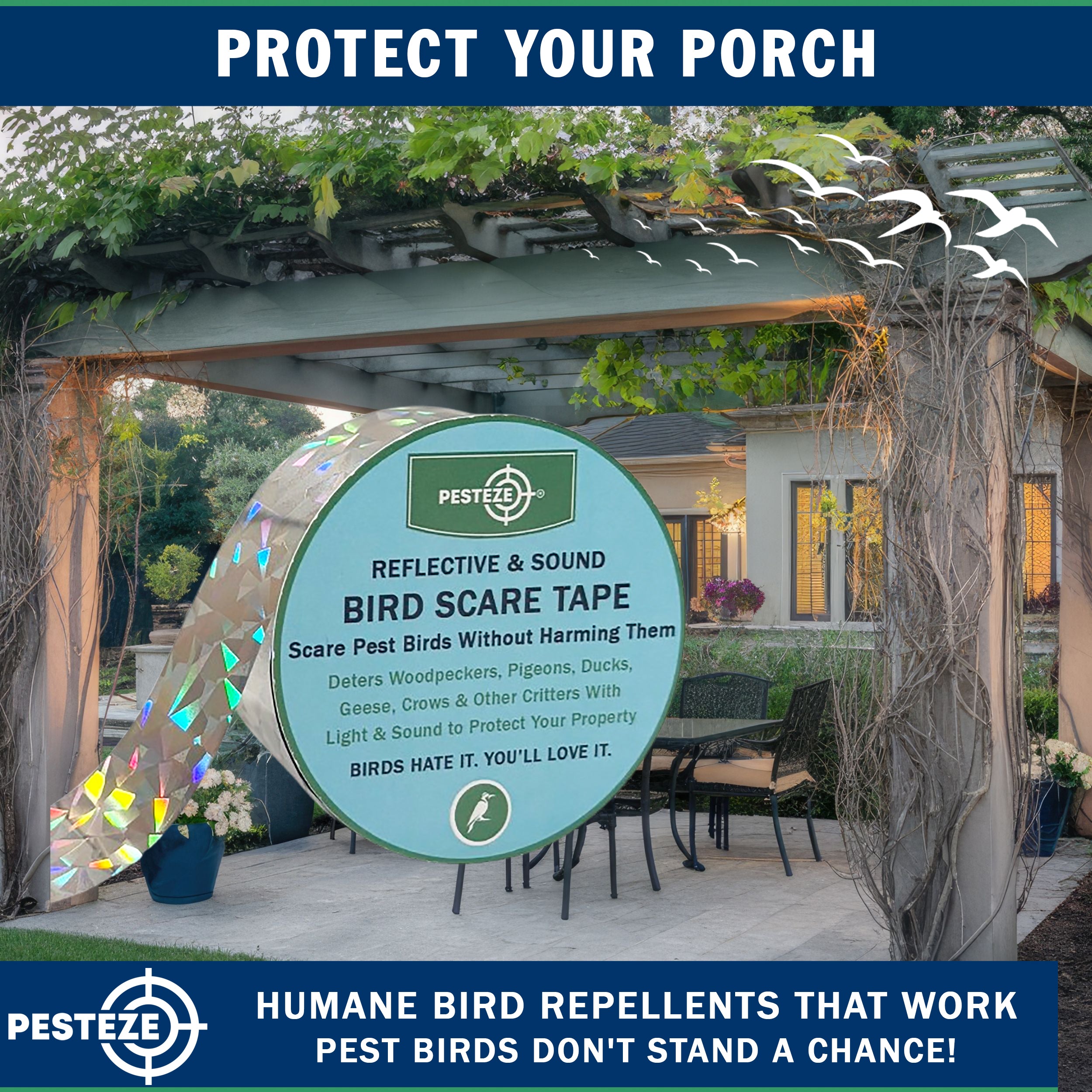 PESTEZE® Dual Sided Holographic Reflective & Sound Bird Scare Tape [2 Inch x 360 ft] Use in Yards & Farms to Protect Vegetables, Fruits, Crops & Buildings from Pest Birds & Critters without Harming them