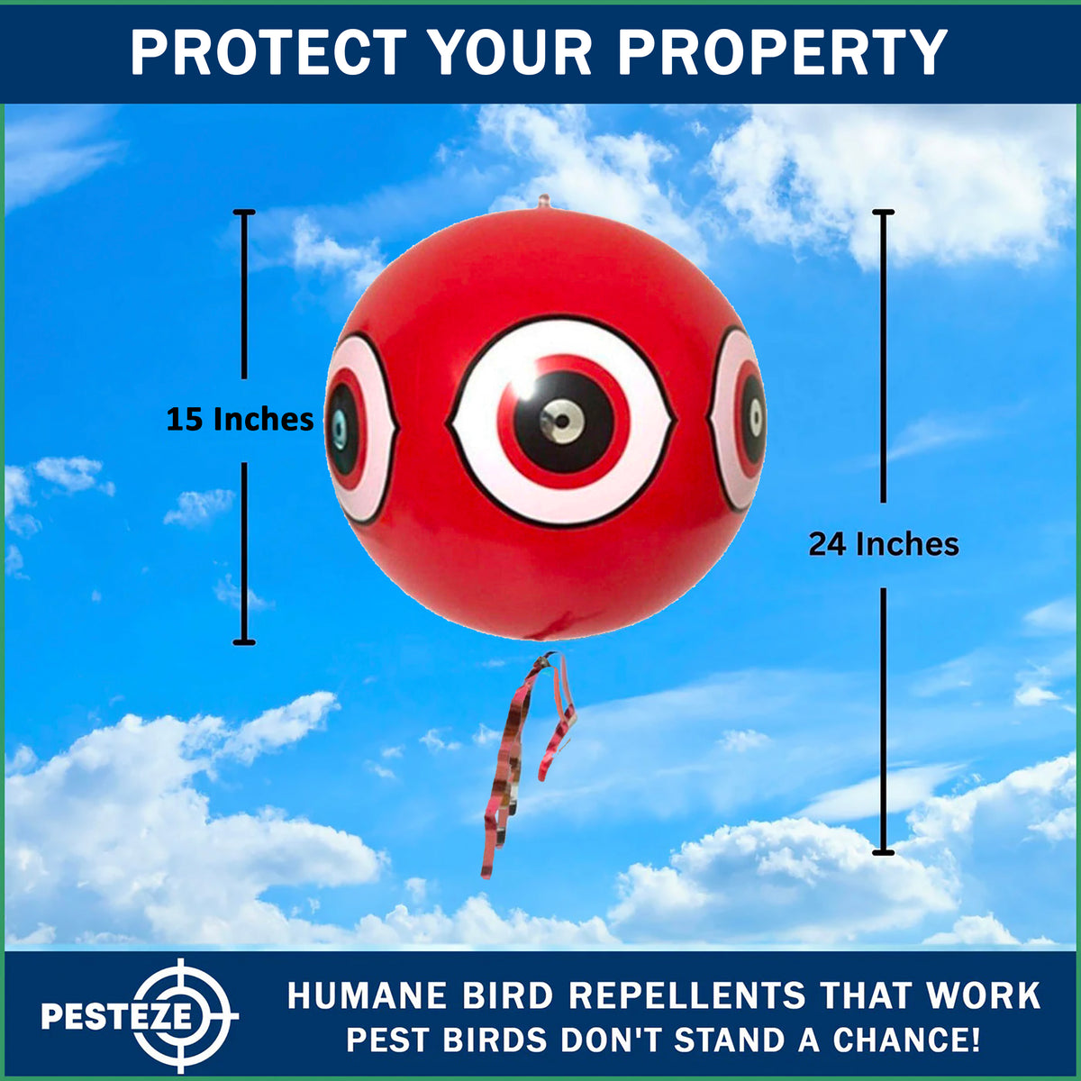 PESTEZE® USA Large 15" Red Bird Predator Balloon Decoy 1 Pack | Inflatable Bird Deterrent for Pools, Docks, Patios & Gardens; Humane Predator–Eye Balloon Keeps Away Pigeons, Woodpeckers, Ducks & Geese