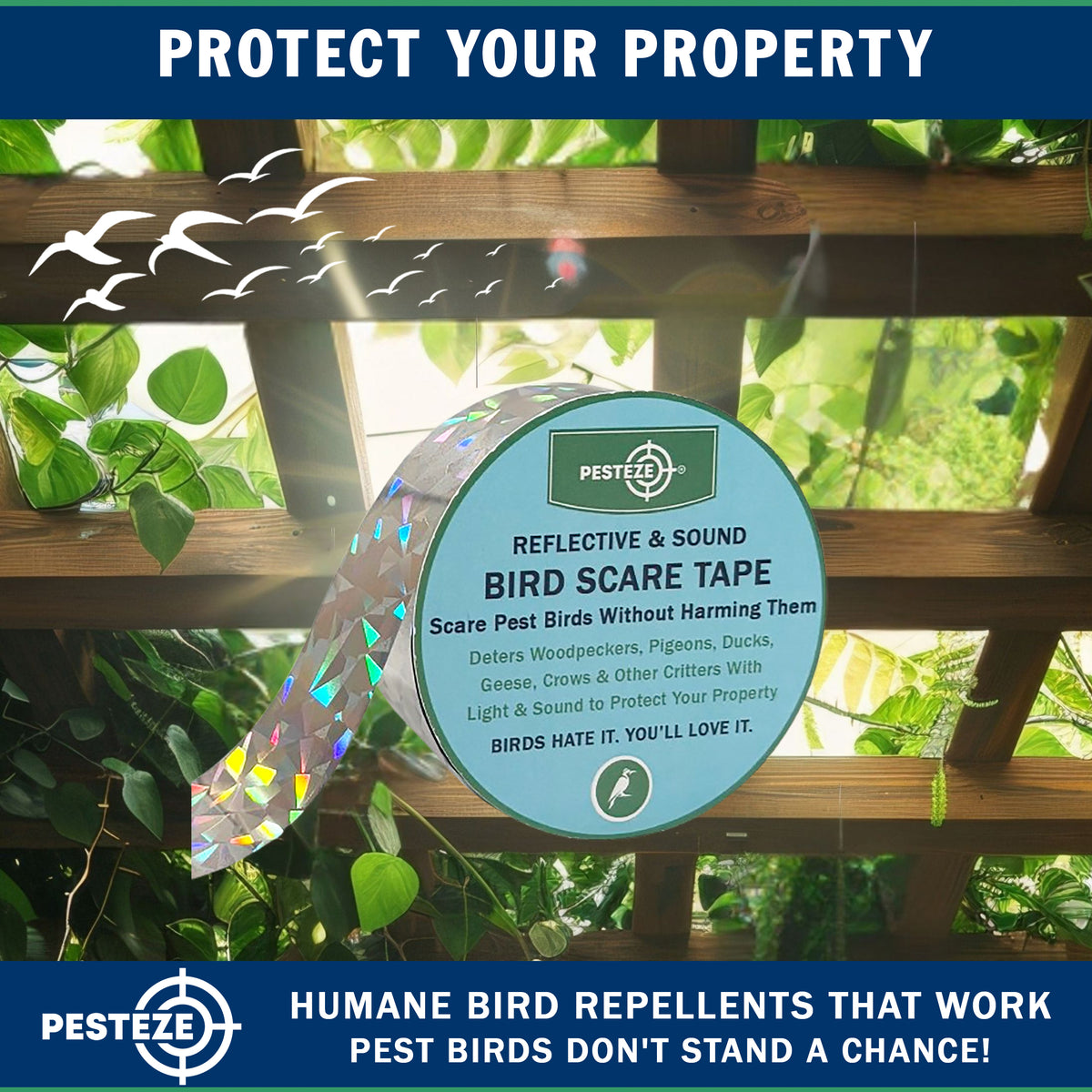 PESTEZE® USA Bird Deterrent Reflective Tape–Dual-Sided Holographic Bird Scare Ribbon (1in x 295ft) for Yards, Gardens & Buildings to Repel Nuisance Birds like Pigeons, Woodpeckers & Geese Without Harm