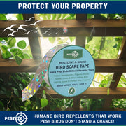 PESTEZE® USA Bird Deterrent Reflective Tape–Dual-Sided Holographic Bird Scare Ribbon (1in x 295ft) for Yards, Gardens & Buildings to Repel Nuisance Birds like Pigeons, Woodpeckers & Geese Without Harm