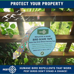 PESTEZE® Holographic Dual Sided Reflective & Sound Bird Scare Tape [1 Inch x 295 ft] Use in Yards & Farms to Protect Vegetables, Fruits, Crops & Buildings from Pest Birds & Critters without Harming them