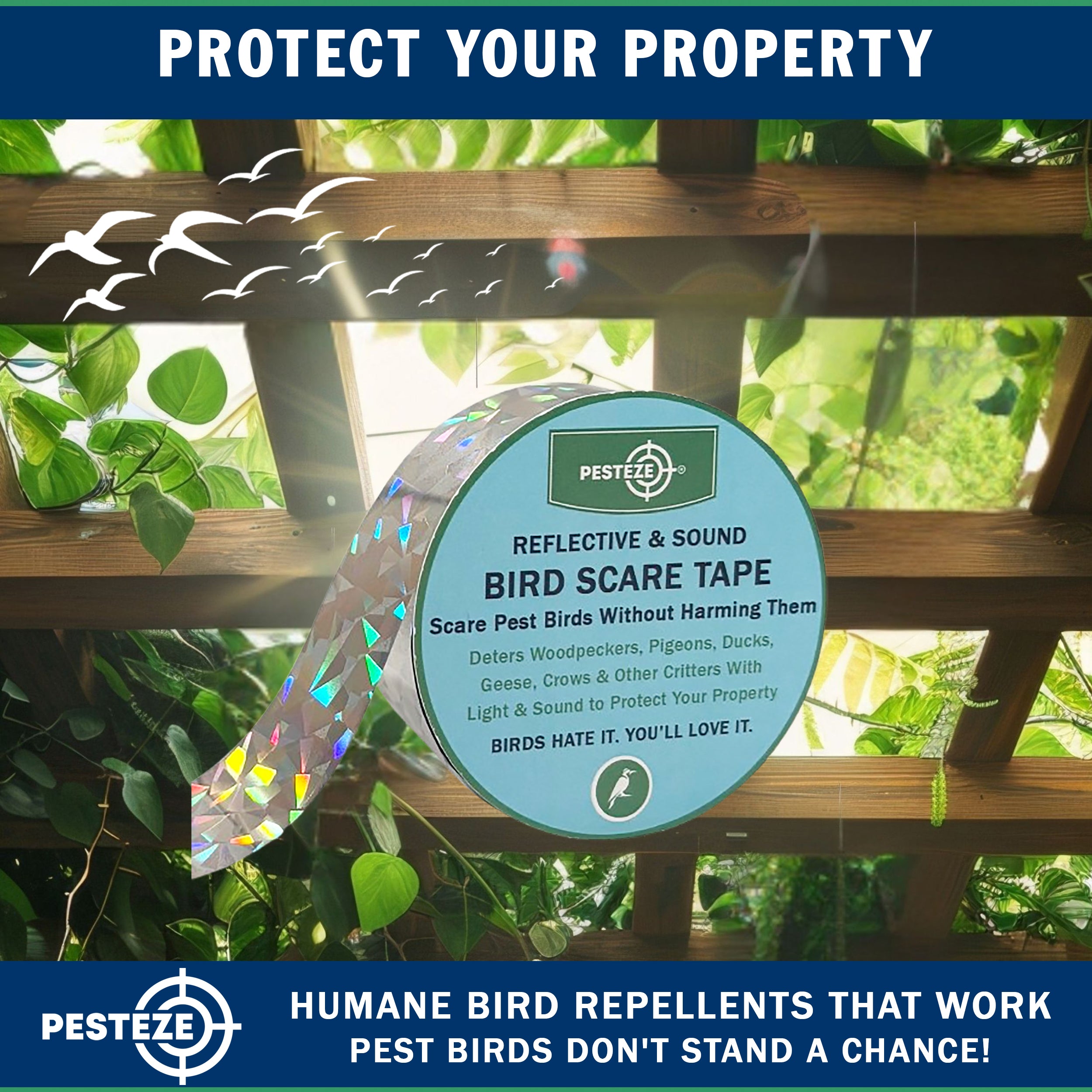 PESTEZE® Holographic Dual Sided Reflective & Sound Bird Scare Tape [1 Inch x 295 ft] Use in Yards & Farms to Protect Vegetables, Fruits, Crops & Buildings from Pest Birds & Critters without Harming them