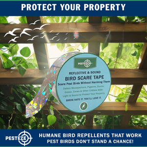 PESTEZE® Holographic Dual Sided Reflective & Sound Bird Scare Tape [1 Inch x 295 ft] Use in Yards & Farms to Protect Vegetables, Fruits, Crops & Buildings from Pest Birds & Critters without Harming them