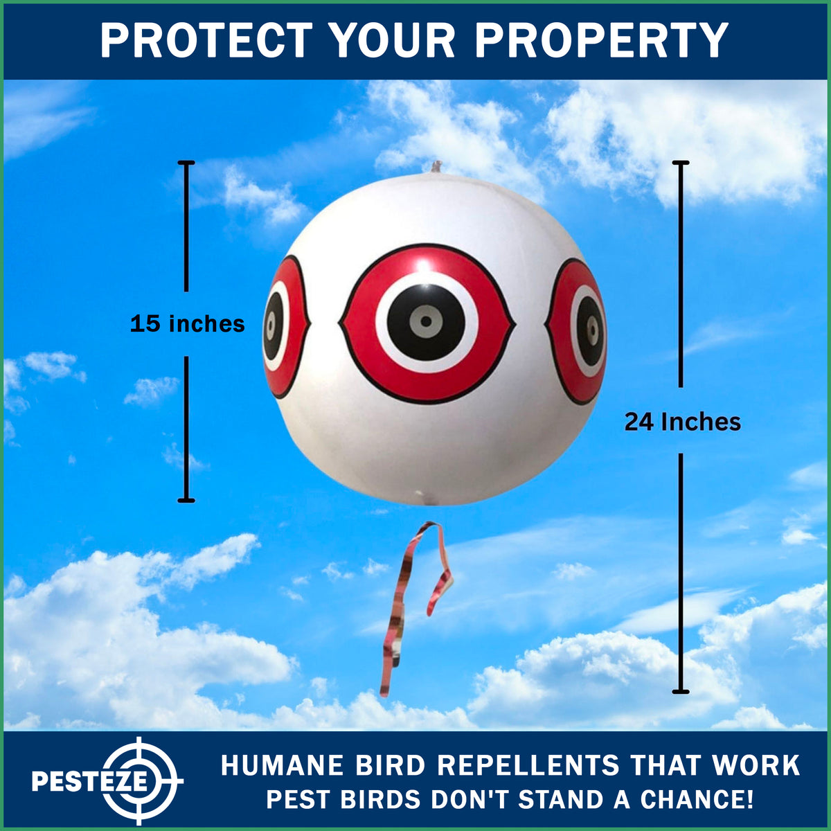 PESTEZE® USA Large 15" White Bird Predator-Eye Balloon Decoy [3 Pack White Color] Deters Unwanted Pest Birds like Pigeons, Gulls, Geese & Critters from Pools & Yards Without Harming Them To Protect Property