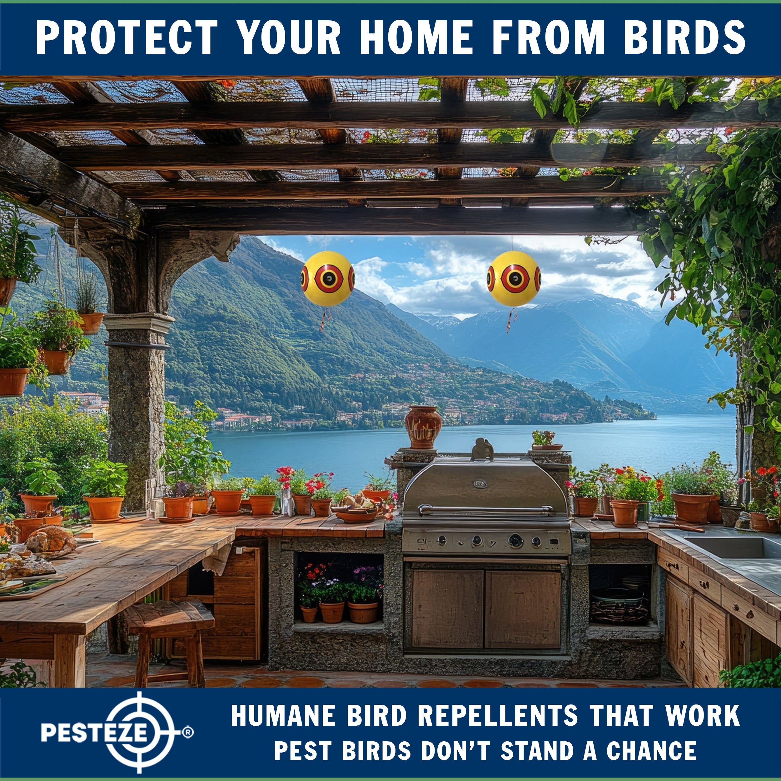 PESTEZE® Large 15" Yellow Bird Predator-Eye Balloon Decoy [1 Pack] Deters Unwanted Pest Birds like Pigeons, Gulls, Geese & Critters from Pools & Yards Without Harming Them To Protect Property