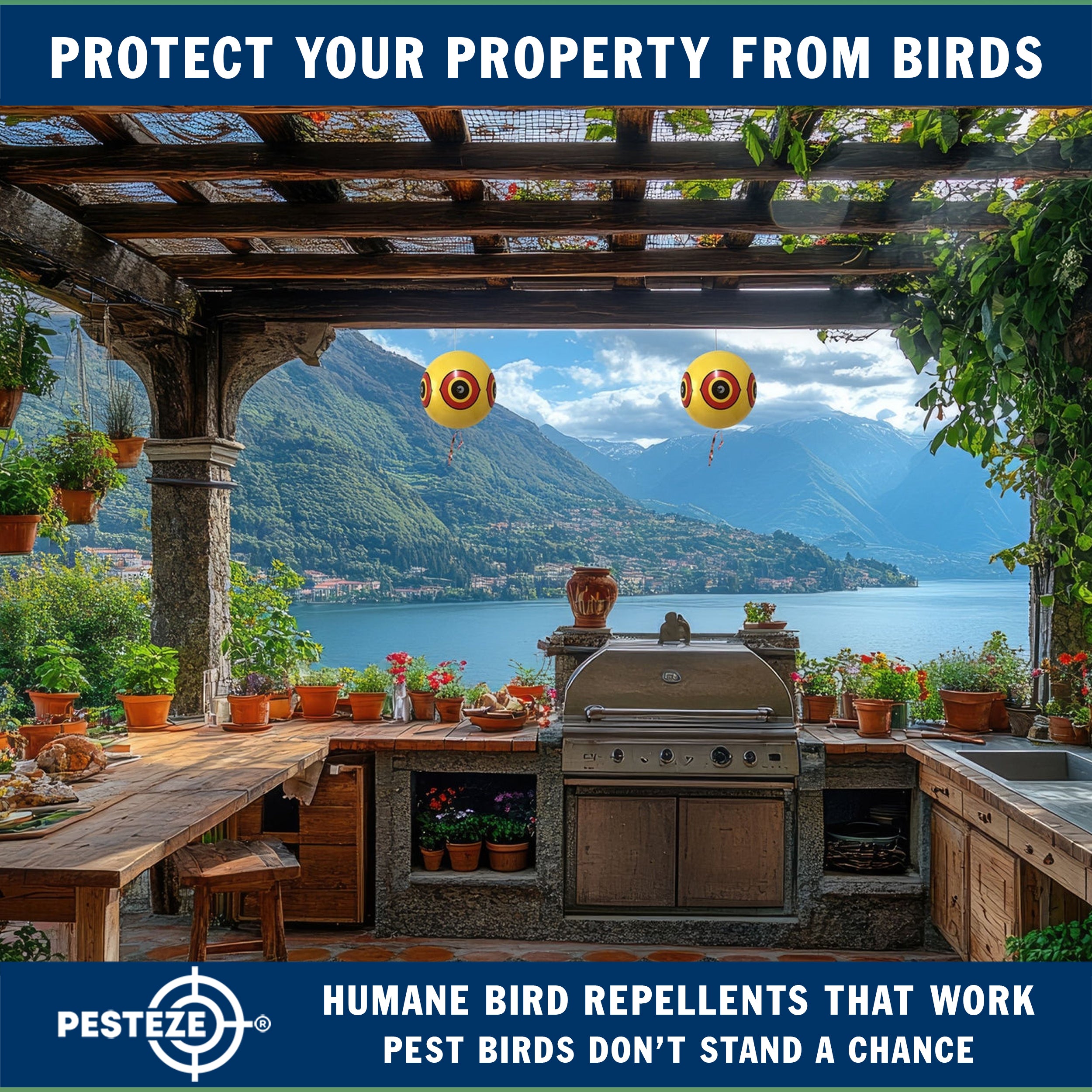 PESTEZE® Large 15" Yellow Bird Predator-Eye Balloon Decoy [1 Pack] Deters Unwanted Pest Birds like Pigeons, Gulls, Geese & Critters from Pools & Yards Without Harming Them To Protect Property