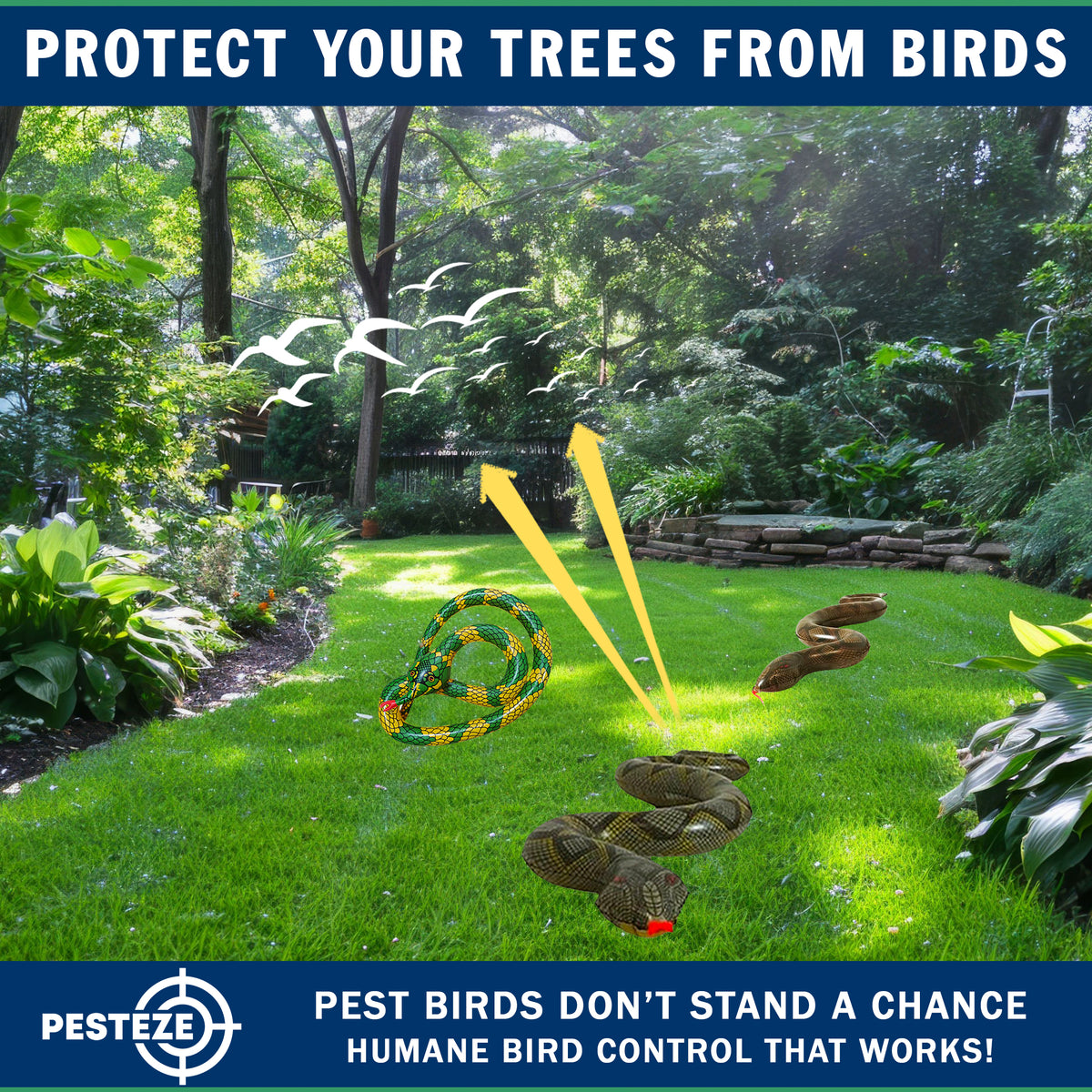 PESTEZE® USA 39 Inch Realistic Inflatable Snakes [3 Pack Multi-Color - 1 Grey-Green + 1 Brown + 1 Yellow-Green] Scares Pest Birds Like Ducks Woodpeckers, Sparrows, Pigeons, Crows, Gulls & Critters from Pools & Yard Without Harming them to Protect Property