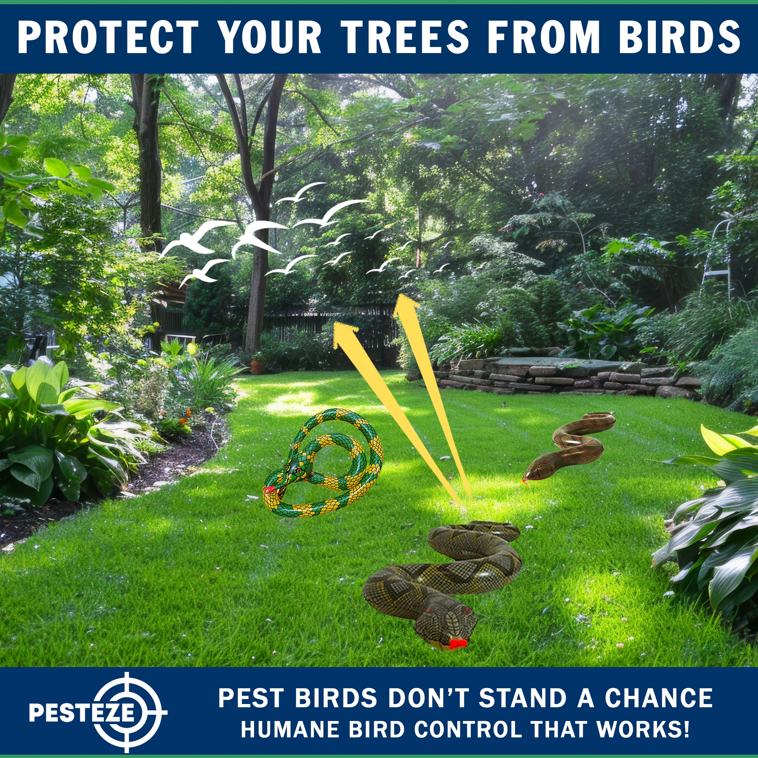 PESTEZE® USA 39 Inch Realistic Inflatable Snakes [3 Pack Multi-Color - 1 Grey-Green + 1 Brown + 1 Yellow-Green] Scares Pest Birds Like Ducks Woodpeckers, Sparrows, Pigeons, Crows, Gulls & Critters from Pools & Yard Without Harming them to Protect Property