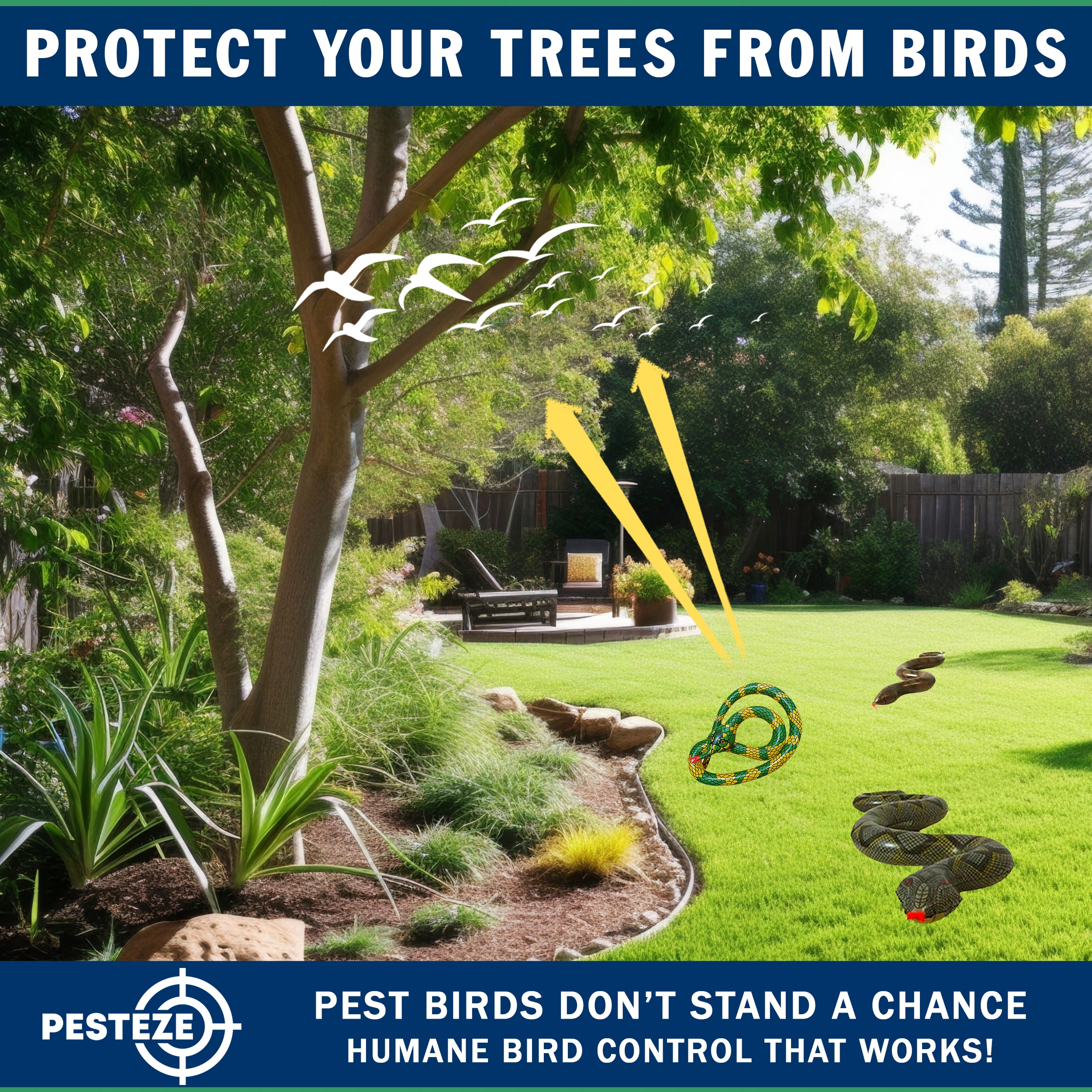 PESTEZE® USA 39 Inch Realistic Inflatable Snakes [3 Pack Multi-Color - 1 Grey-Green + 1 Brown + 1 Yellow-Green] Scares Pest Birds Like Ducks Woodpeckers, Sparrows, Pigeons, Crows, Gulls & Critters from Pools & Yard Without Harming them to Protect Property