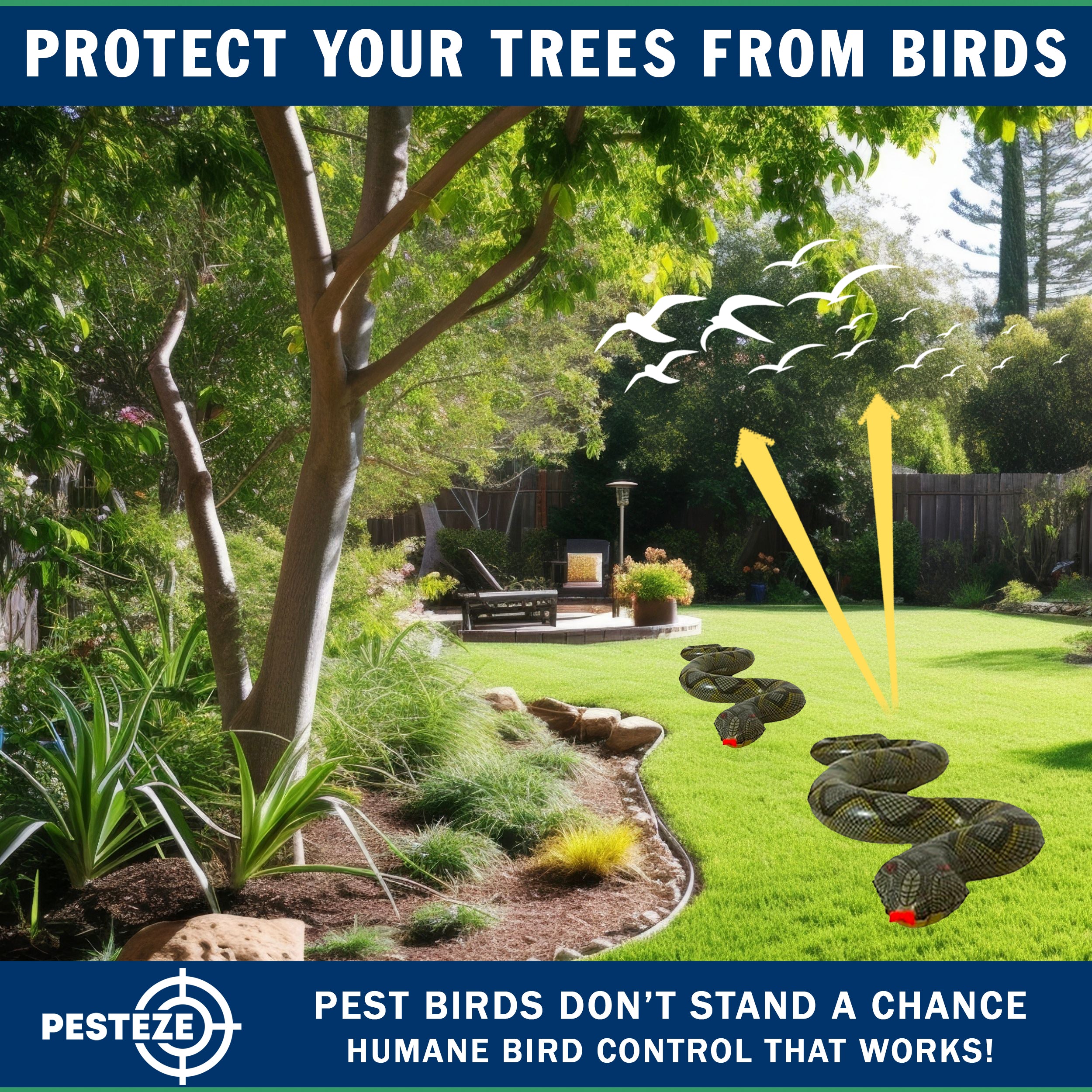 PESTEZE® USA 39 Inch Inflatible Snake [2 Pack Grey-Green Color] Deters Pest Birds like Woodpeckers, Sparrows, Pigeons, Crows, Gulls & Critters from Pools & Yards without Harming them to Protect Property