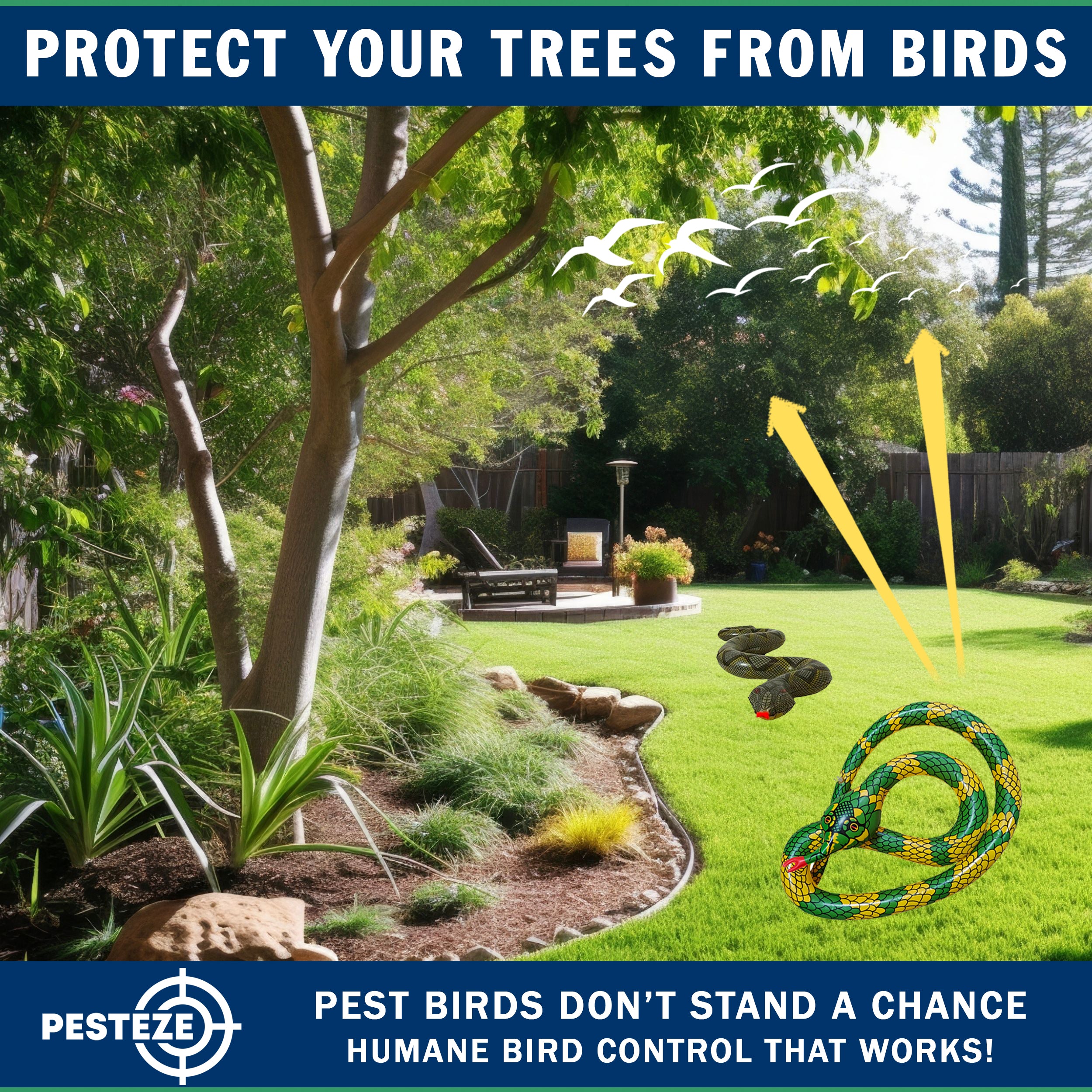 PESTEZE® USA 27 Inch Realistic Inflatable Snakes [2 Pack - 1 Yellow Green + 1 Grey Green] Scares Pest Birds Like Ducks Woodpeckers, Sparrows, Pigeons, Crows, Gulls & Critters from Pools & Yards Without Harming them to Protect Property