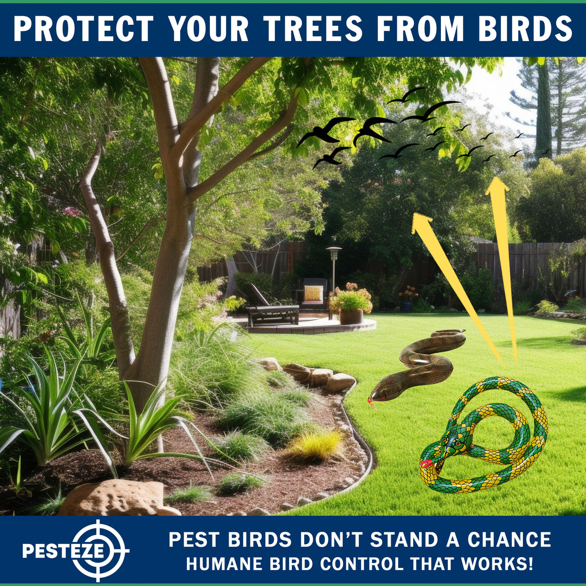 PESTEZE® USA 27 Inch Inflatible Snake [2 Pack - 1 Curly Yellow-Green + 1 Brown] Predators Pest Birds  like Woodpeckers, Sparrows, Pigeons, Crows, Gulls & Critters from Pools & Yards without Harming them to Protect Property