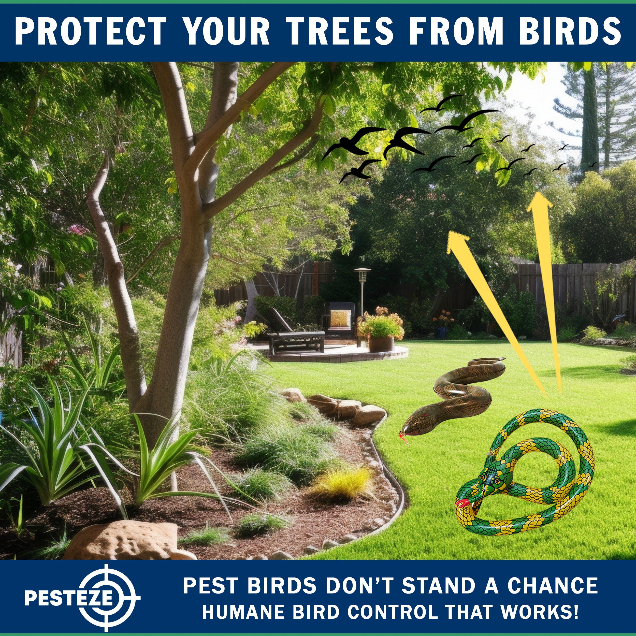 PESTEZE® USA 27 Inch Inflatible Snake [2 Pack - 1 Curly Yellow-Green + 1 Brown] Predators Pest Birds  like Woodpeckers, Sparrows, Pigeons, Crows, Gulls & Critters from Pools & Yards without Harming them to Protect Property
