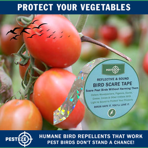 PESTEZE® Holographic Dual Sided Reflective & Sound Bird Scare Tape [1 Inch x 295 ft] Use in Yards & Farms to Protect Vegetables, Fruits, Crops & Buildings from Pest Birds & Critters without Harming them