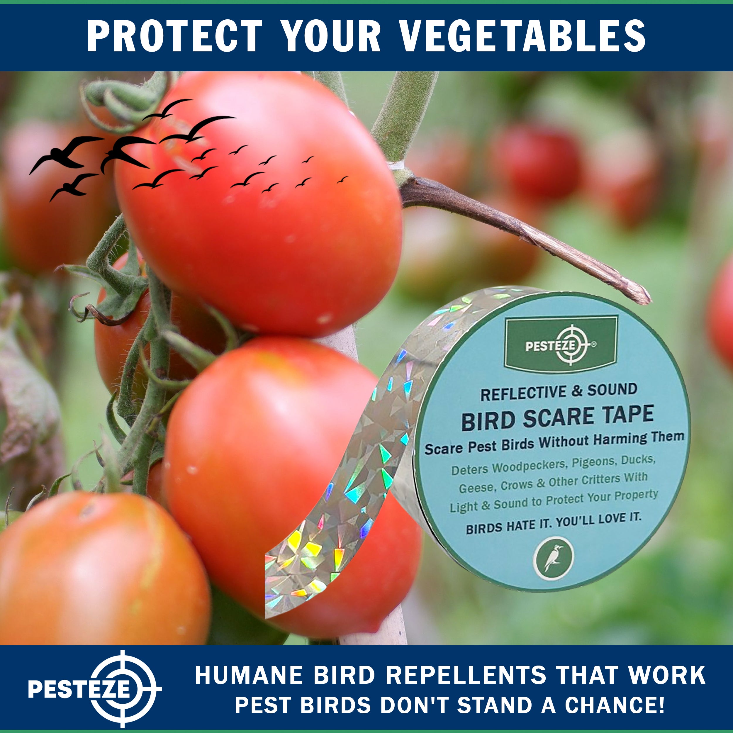 PESTEZE® Dual Sided Holographic Reflective & Sound Bird Scare Tape [2 Inch x 360 ft] Use in Yards & Farms to Protect Vegetables, Fruits, Crops & Buildings from Pest Birds & Critters without Harming them