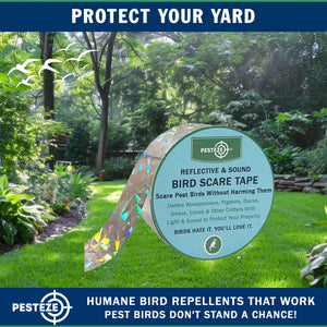 PESTEZE® Holographic Dual Sided Reflective & Sound Bird Scare Tape [1 Inch x 295 ft] Use in Yards & Farms to Protect Vegetables, Fruits, Crops & Buildings from Pest Birds & Critters without Harming them