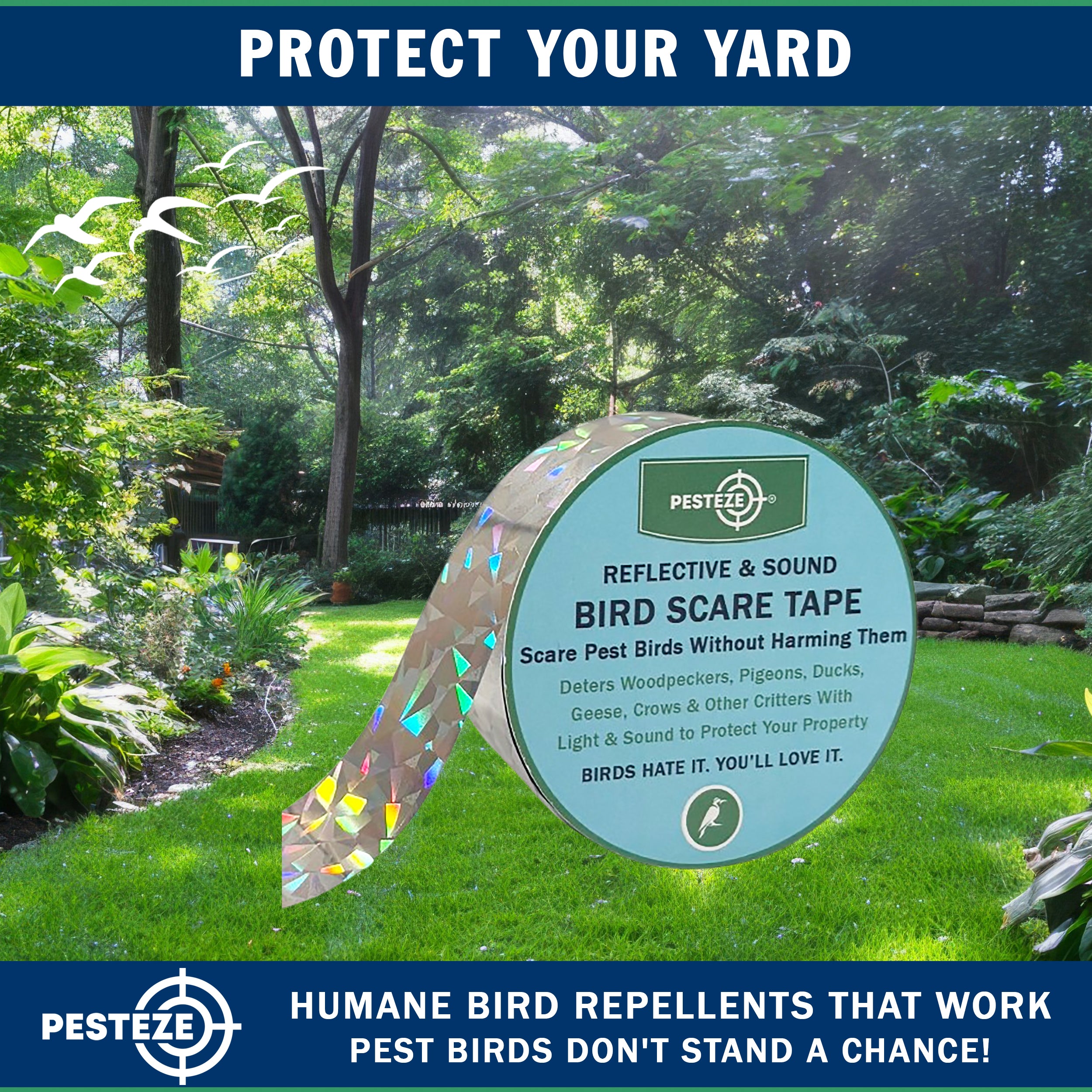 PESTEZE® Dual Sided Holographic Reflective & Sound Bird Scare Tape [2 Inch x 360 ft] Use in Yards & Farms to Protect Vegetables, Fruits, Crops & Buildings from Pest Birds & Critters without Harming them