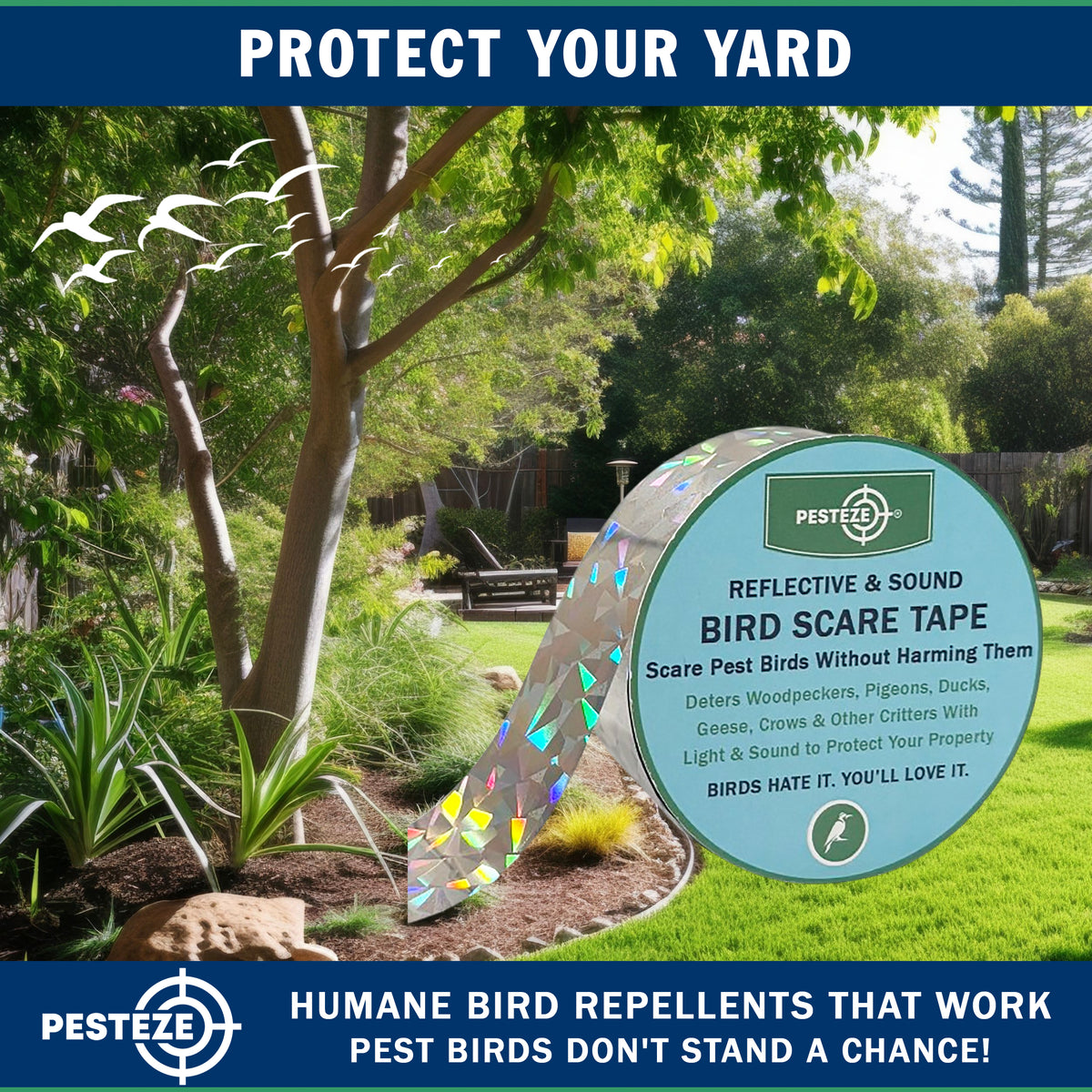 PESTEZE® USA Bird Deterrent Reflective Tape–Dual-Sided Holographic Bird Scare Ribbon (1in x 295ft) for Yards, Gardens & Buildings to Repel Nuisance Birds like Pigeons, Woodpeckers & Geese Without Harm