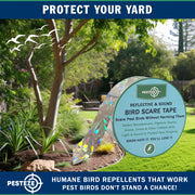 PESTEZE® USA Bird Deterrent Reflective Tape–Dual-Sided Holographic Bird Scare Ribbon (1in x 295ft) for Yards, Gardens & Buildings to Repel Nuisance Birds like Pigeons, Woodpeckers & Geese Without Harm