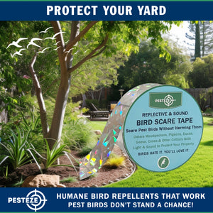 PESTEZE® Holographic Dual Sided Reflective & Sound Bird Scare Tape [1 Inch x 295 ft] Use in Yards & Farms to Protect Vegetables, Fruits, Crops & Buildings from Pest Birds & Critters without Harming them