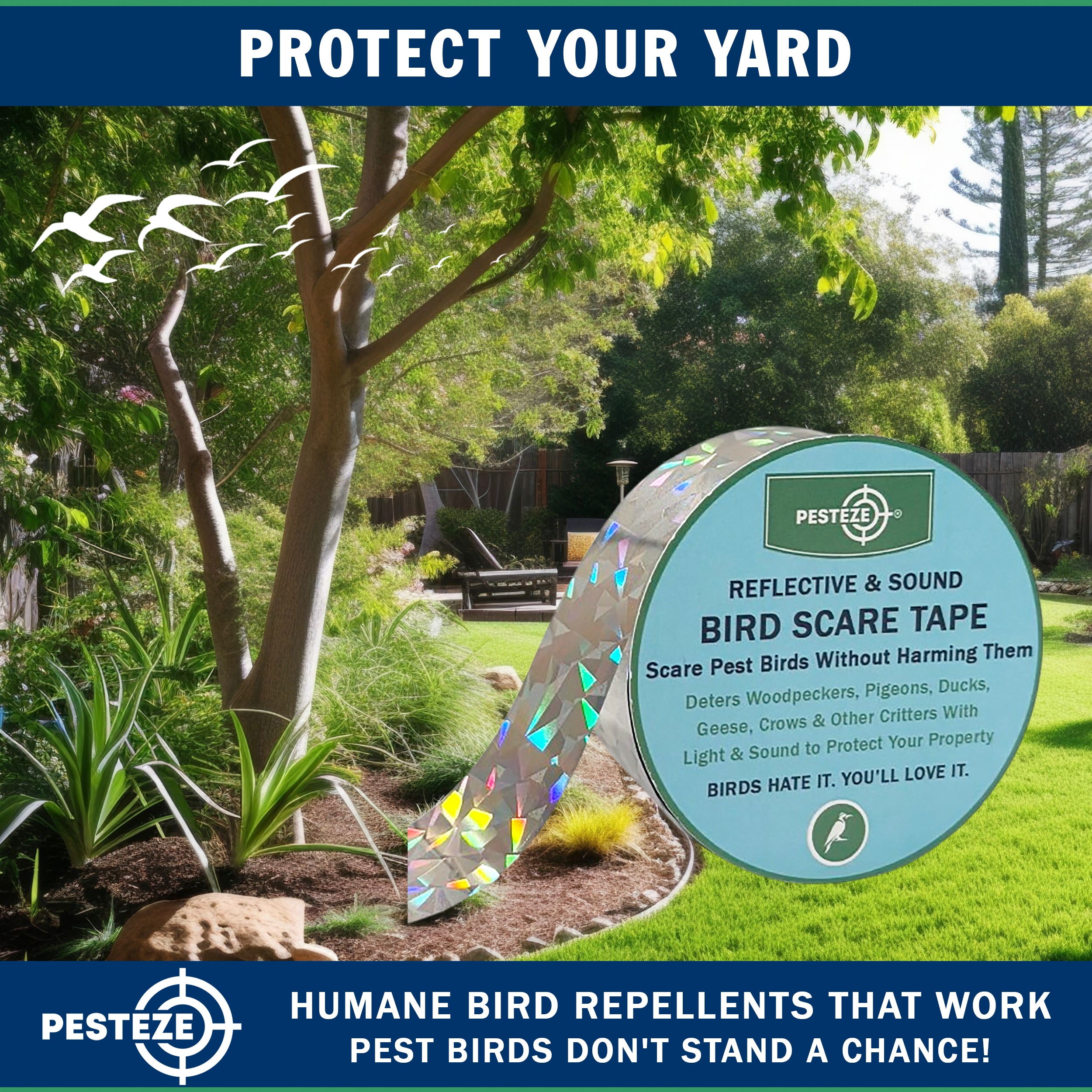 PESTEZE® Dual Sided Holographic Reflective & Sound Bird Scare Tape [2 Inch x 360 ft] Use in Yards & Farms to Protect Vegetables, Fruits, Crops & Buildings from Pest Birds & Critters without Harming them