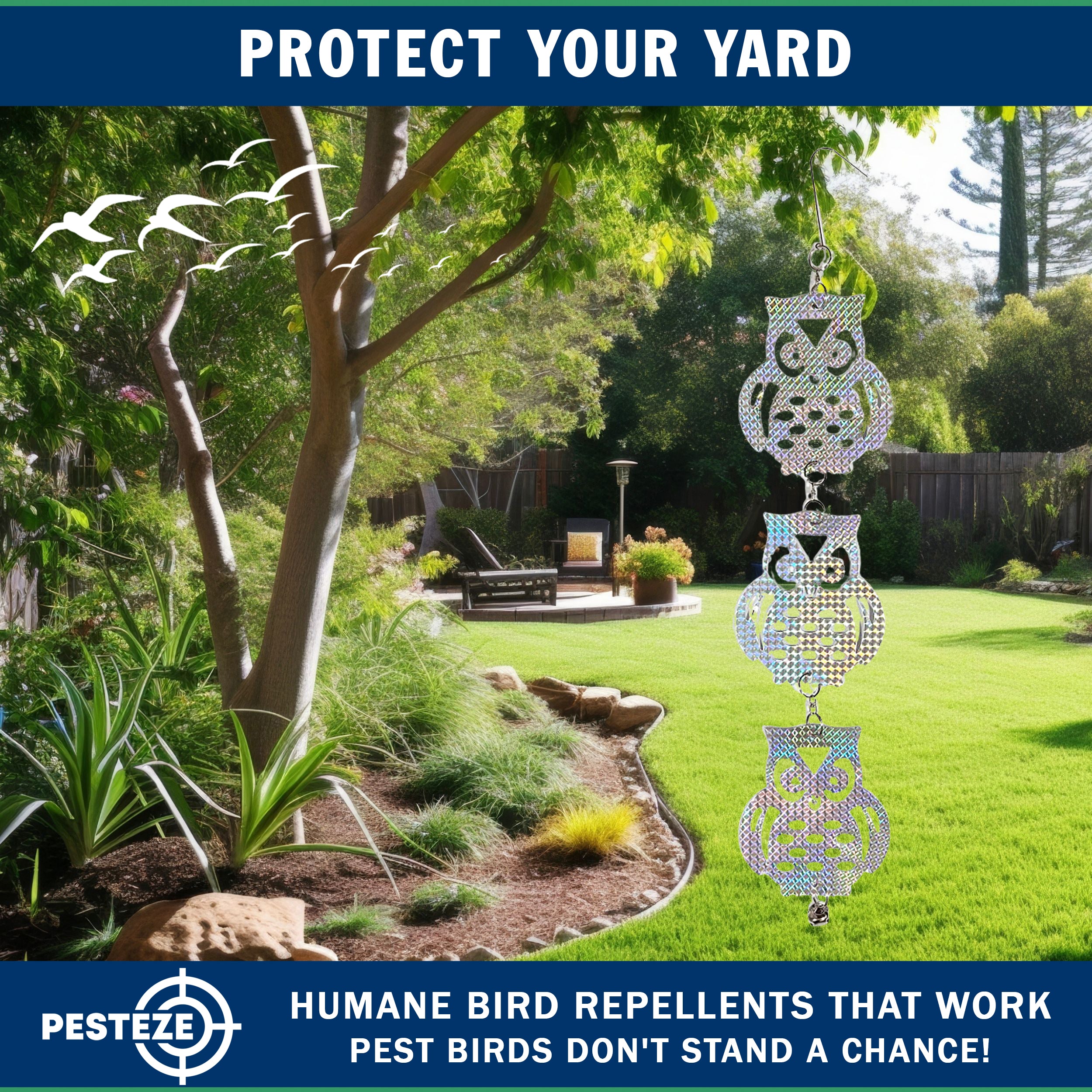 3 Piece PESTEZE® Shiny Holographic Owl Bird Repellents [5 x 24 inch] Reflection Scares Pest Birds like Woodpeckers, Sparrows, Pigeons, Crows & Gulls without Harming them to Protect Property