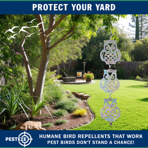 3 Piece PESTEZE® Shiny Holographic Owl Bird Repellents [5 x 24 inch] Reflection Scares Pest Birds like Woodpeckers, Sparrows, Pigeons, Crows & Gulls without Harming them to Protect Property