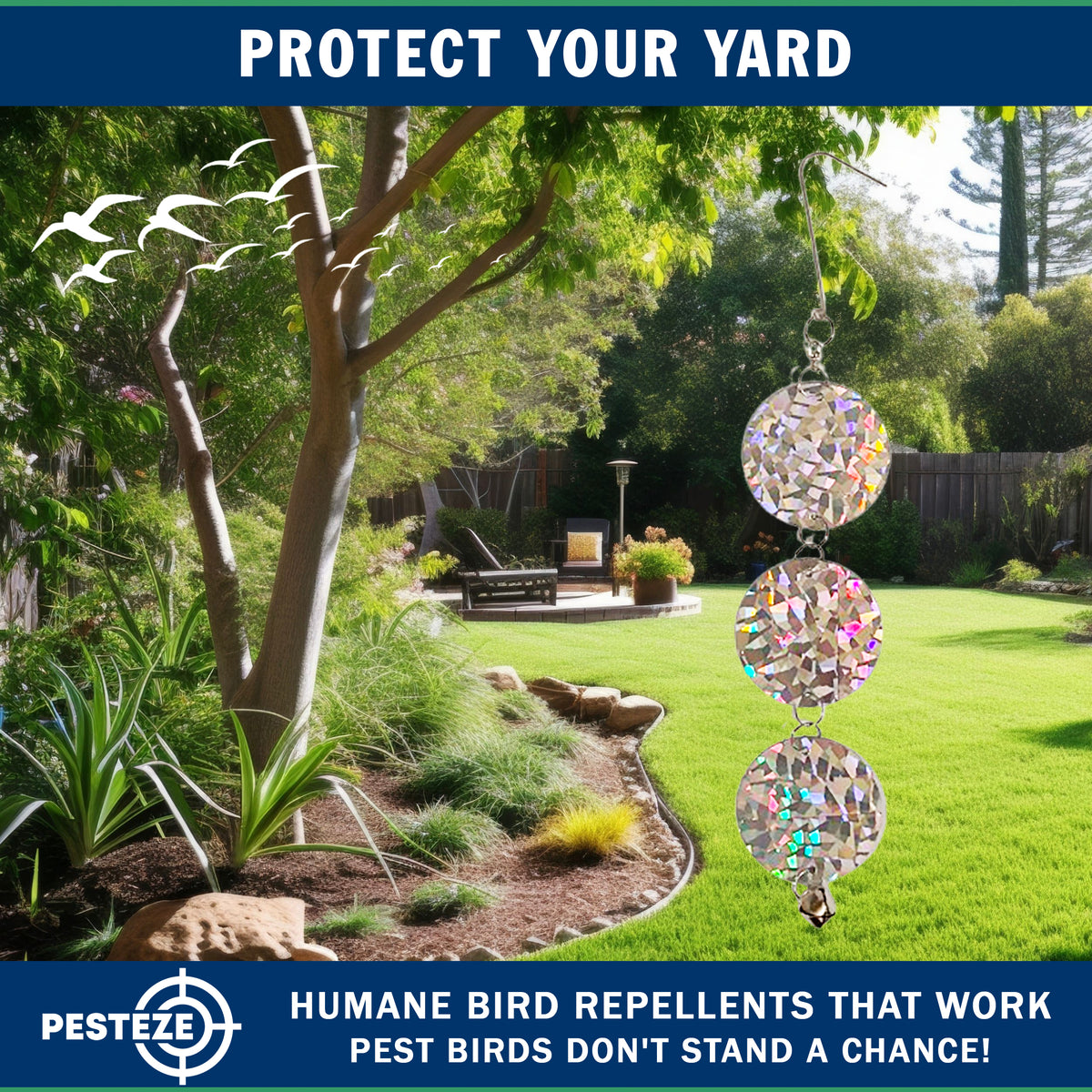 PESTEZE® USA Bird Deterrent Holographic Reflective Circles with Bell Hanging Repellent, 3 Pack 3 x 15 Inch Shiny Flash Scare Birds Away Outdoor for Porch Garden Yard Deck Balcony Roof Protection