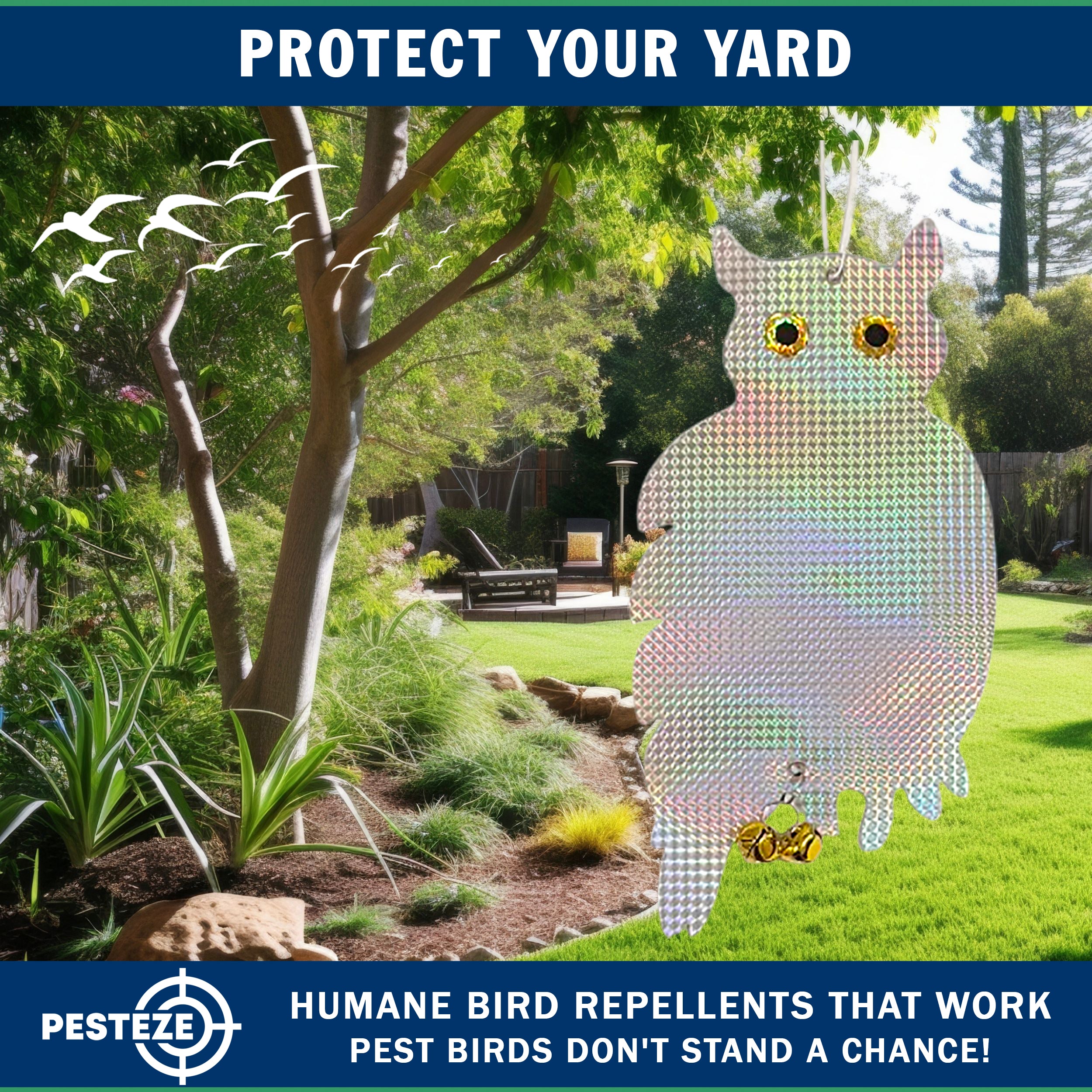 PESTEZE® Holographic Shiny Owl Bird Repellent With 2 Bells [9 x 15 inch] Reflection & Sound Scares Woodpeckers, Pigeons, Crows, Ducks, Geese & Critters from Yards Without Harming them to Protect Property