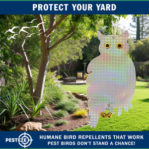 PESTEZE® Holographic Shiny Owl Bird Repellent With 2 Bells [9 x 15 inch] Reflection & Sound Scares Woodpeckers, Pigeons, Crows, Ducks, Geese & Critters from Yards Without Harming them to Protect Property