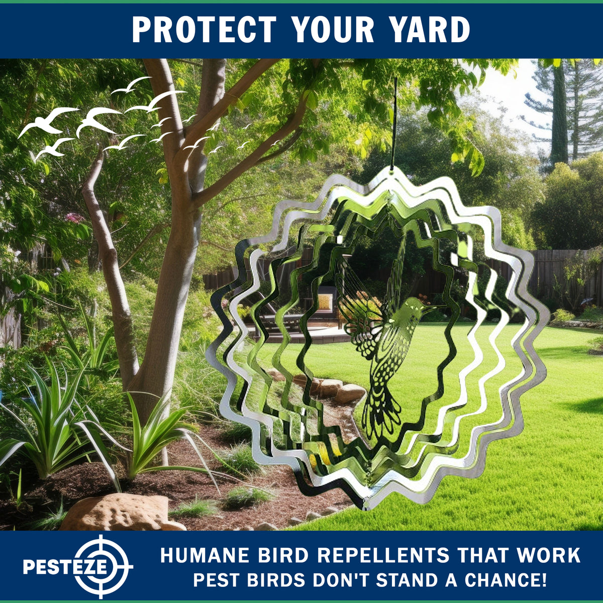 PESTEZE® USA Wind Spinner Stainless Steel Hummingbird 3D Decorative Kinetic Design for Outdoor Garden and Yard Use, Reflective Hanging Art to Deter Pest Bird Activity and Add Beautiful Motion [5×8 in]