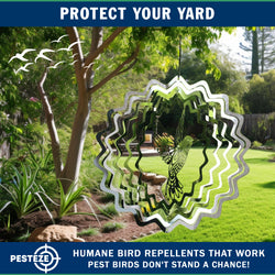 PESTEZE® Hummingbird Stainless Steel Highly Reflective Decorative 3D Wind Spinner for Deterring Unwanted Pest Birds & Critters. 6 X 9 Inch Premium Shiny, Beautiful, Long Lasting & Humane Bird Repellent