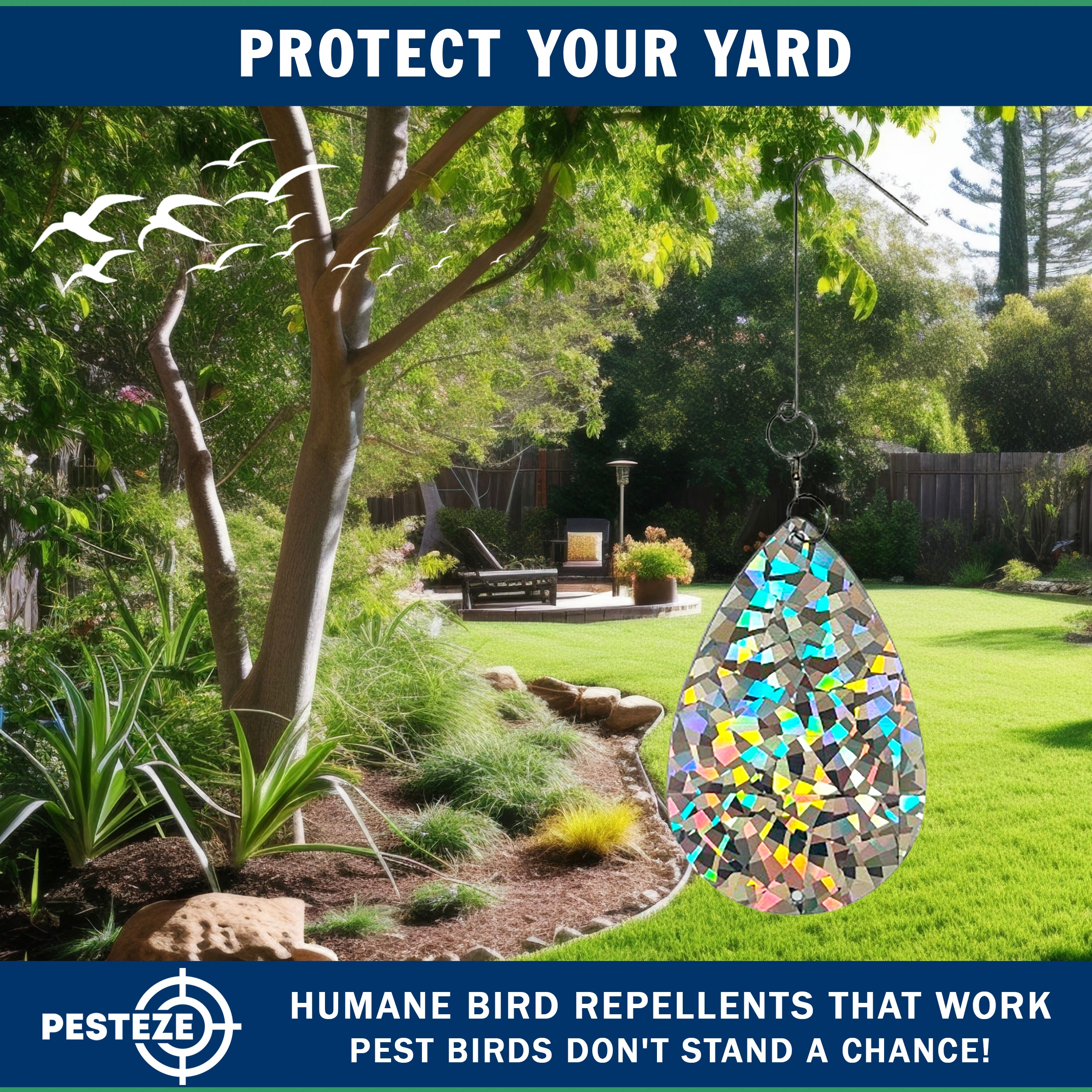 5 Pack PESTEZE® Shiny Water Droplet Repellents with Swivel & Hanger [3.25 x 5 inch] Reflection Scares Pest Birds like Woodpeckers, Sparrows, Pigeons, Crows & Gulls without Harming them to Protect Property