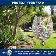 PESTEZE® USA Owl Bird Deterrent Reflective Hanging Decoy Repellent with Bell, [3 Pack, 3.5 x 5 inch] Shiny Scare Device Keep Birds Away Outdoor Porch Garden Yard Patio Protect Property