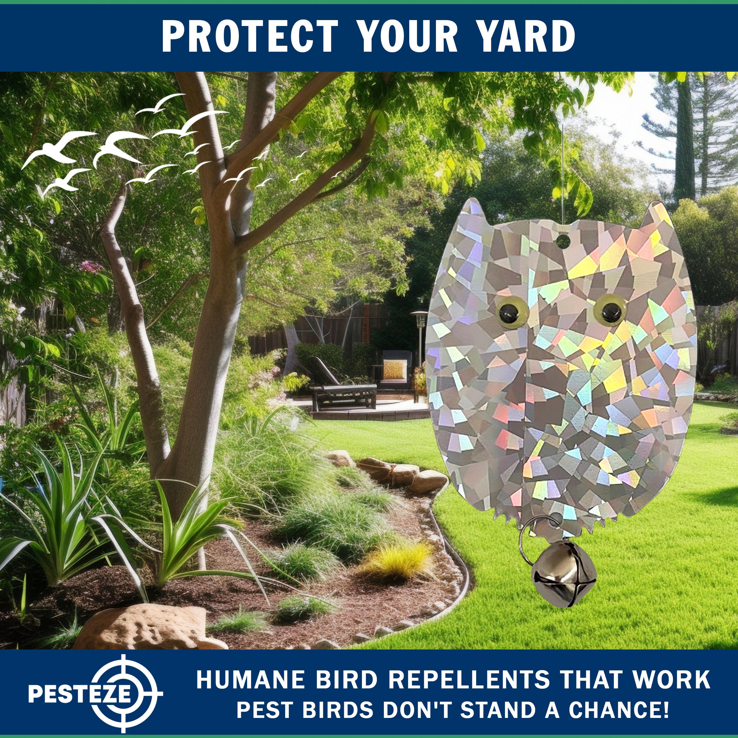 4 Pack PESTEZE® Holographic Shiny Owl Bird Repellents with Bell [3.5 x 5 inch] Reflection Scares Pest Birds like Woodpeckers, Sparrows, Pigeons, Crows & Gulls without Harming them to Protect Property