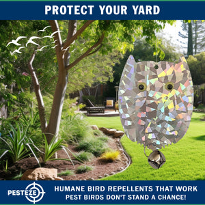 4 Pack PESTEZE® Holographic Shiny Owl Bird Repellents with Bell [3.5 x 5 inch] Reflection Scares Pest Birds like Woodpeckers, Sparrows, Pigeons, Crows & Gulls without Harming them to Protect Property