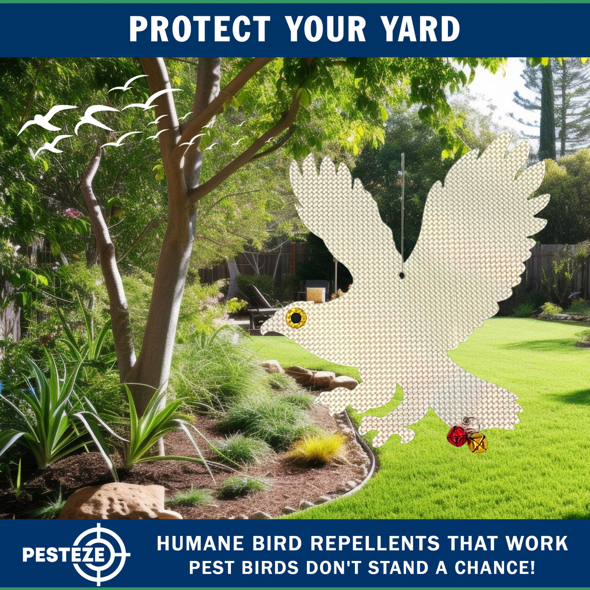 PESTEZE® USA Owl Bird Repellent Holographic Decoy with 2 Bells [12.5 × 16 in] Uses Reflective Shine and Sound to Deter Woodpeckers, Pigeons, Crows, Ducks, Geese & Outdoor Pests Safely Around Your Home