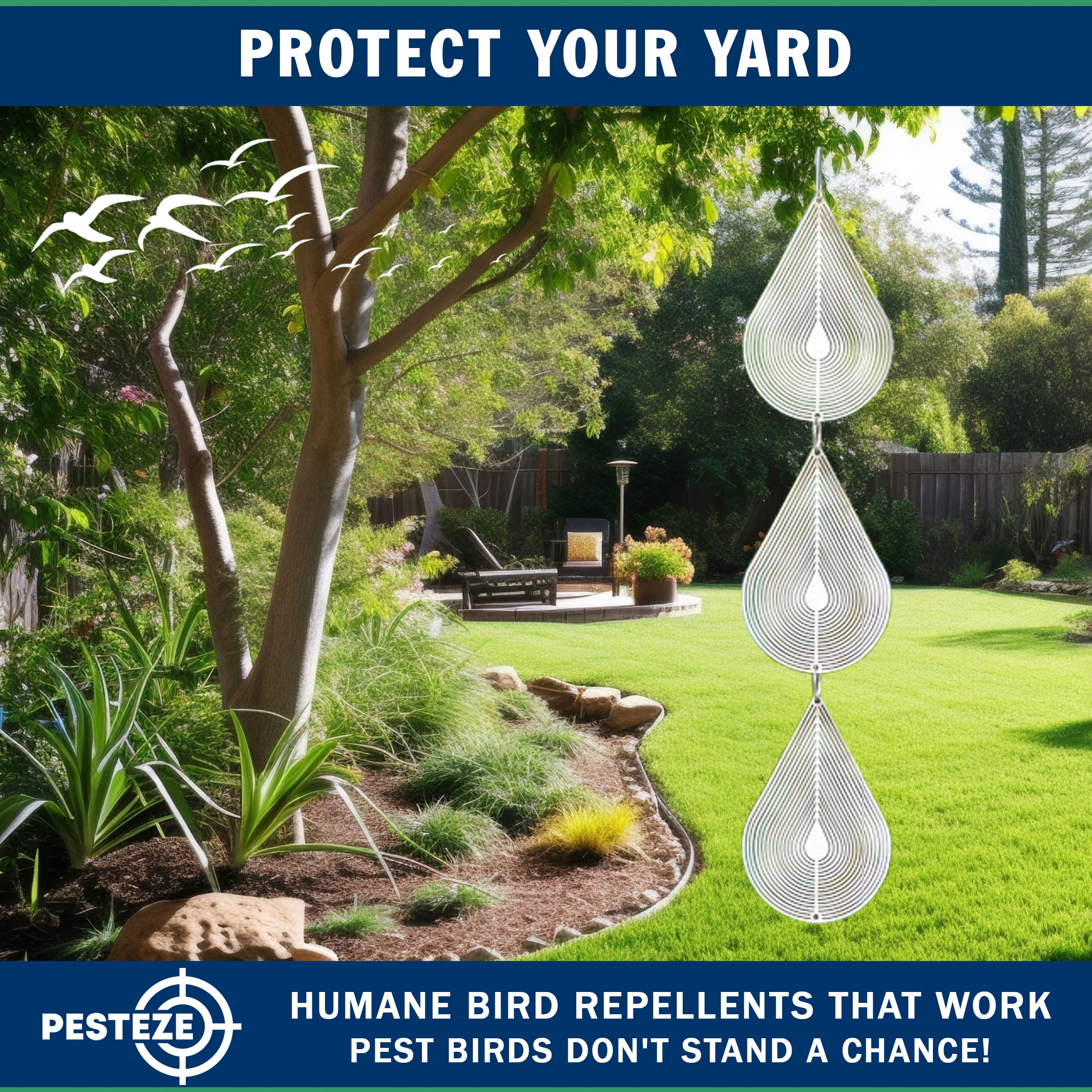 3 Piece PESTEZE® Water Droplet Stainless Steel Highly Reflective Decorative 3D Wind Spinner for Repelling Unwanted Birds & Critters. 2.5 X 12.5 Inch Premium Shiny, Attractive, Everlasting & Sturdy Bird Deterrent