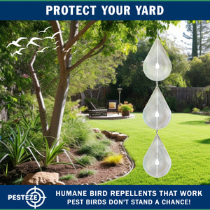 3 Piece PESTEZE® Water Droplet Stainless Steel Highly Reflective Decorative 3D Wind Spinner for Repelling Unwanted Birds & Critters. 2.5 X 12.5 Inch Premium Shiny, Attractive, Everlasting & Sturdy Bird Deterrent
