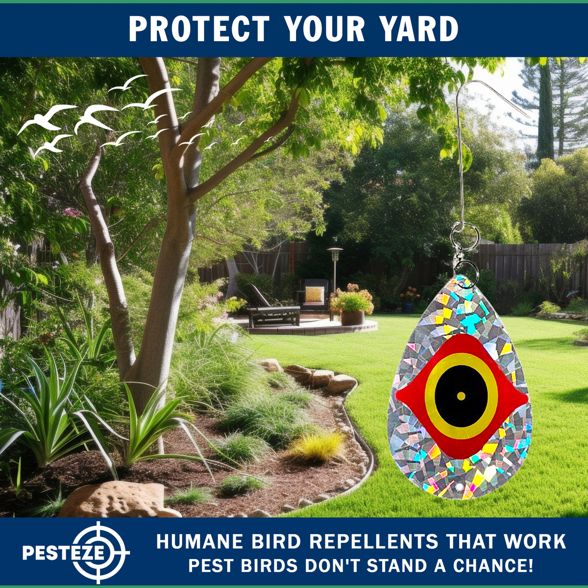 PESTEZE® USA Bird Deterrent Reflective Predator Eye Water Droplet Repellent Hanging with Swivel & Hanger 5 Pack 3.25 x 5. inch Shiny Wind Device Keep Birds Away Outdoor Porch Gardens Patios