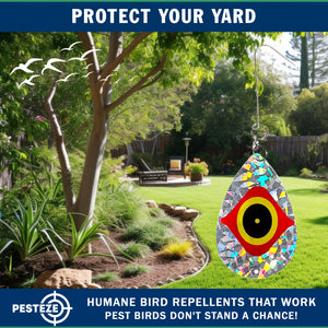 5 Pack PESTEZE® Shiny Scare Eye Water Droplet Repellents With Swivel & Hanger [3.25 x 5 inch] Reflection Scares Pest Birds like Woodpeckers, Sparrows, Pigeons, Crows & Gulls without Harming them to Protect Property