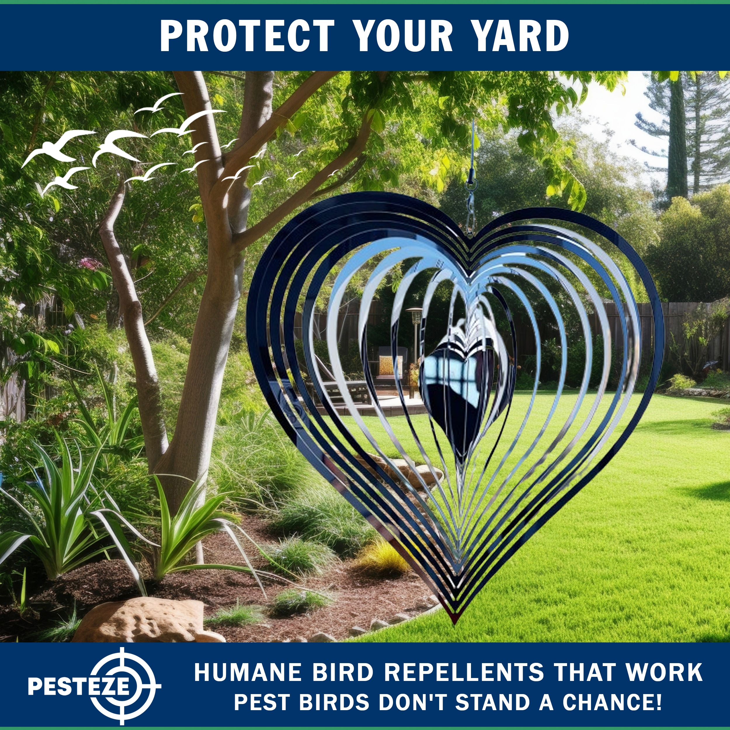 PESTEZE® Large Heart Stainless Steel Highly Reflective Decorative 3D Wind Spinner for Repelling Unwanted Birds & Critters. 12 x 14 Inch Premium Shiny, Beautiful & Long Lasting Bird Repellent.