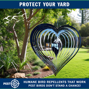 PESTEZE® Large Heart Stainless Steel Highly Reflective Decorative 3D Wind Spinner for Repelling Unwanted Birds & Critters. 12 x 14 Inch Premium Shiny, Beautiful & Long Lasting Bird Repellent.