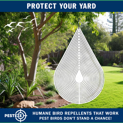 PESTEZE® Water Droplet Stainless Steel Highly Reflective Decorative 3D Wind Spinner for Repelling Unwanted Pest Birds & Critters. 4 x 9.25 Inch Premium Shiny, Attractive, Durable & Humane Bird Deterrent
