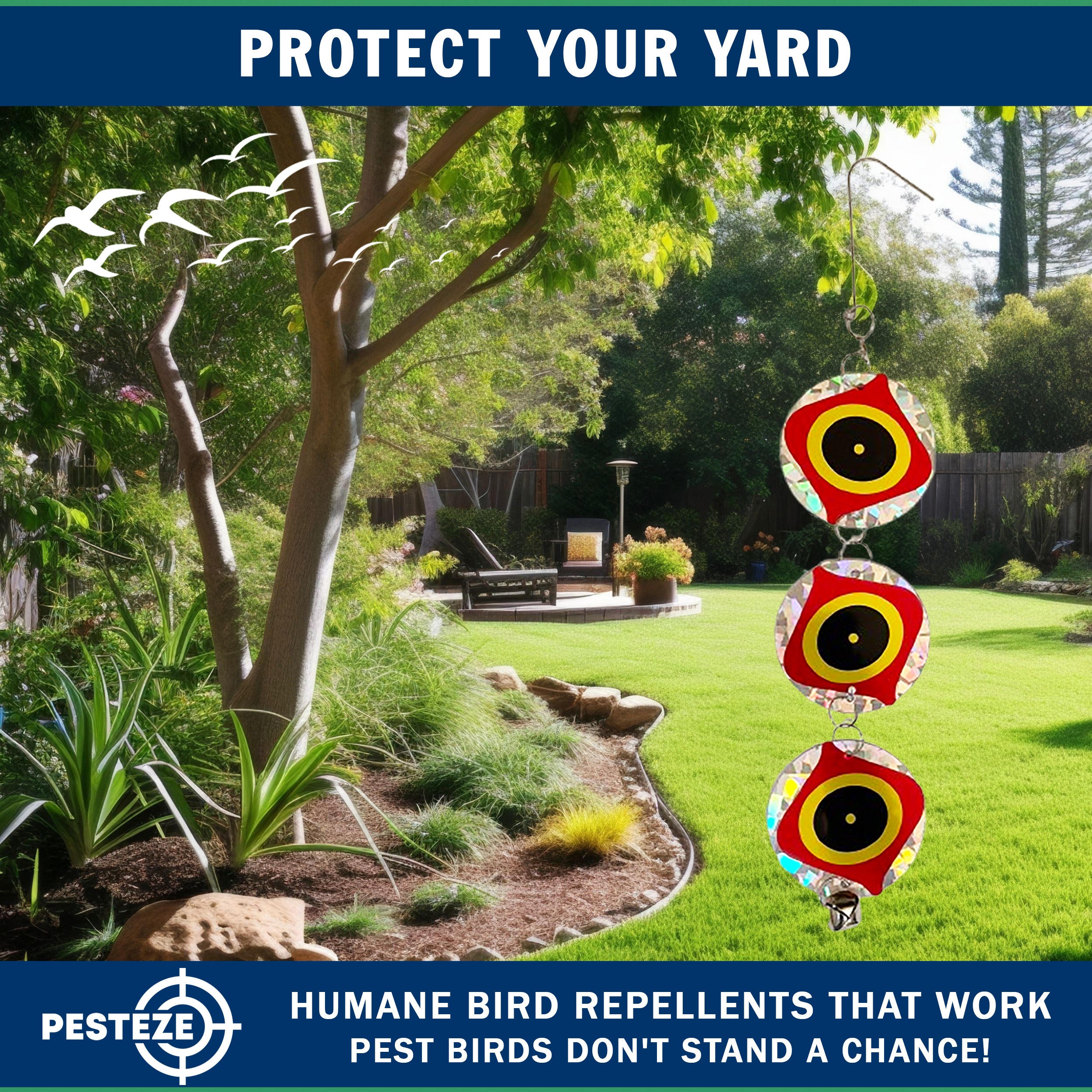 3 Pack PESTEZE® Set of 3 Holographic Shiny Circles with Predator Eyes & Bell [3 x 15 inch] Reflection Scares Pest Birds like Woodpeckers, Sparrows, Pigeons, Crows, Gulls & Critters without Harming them