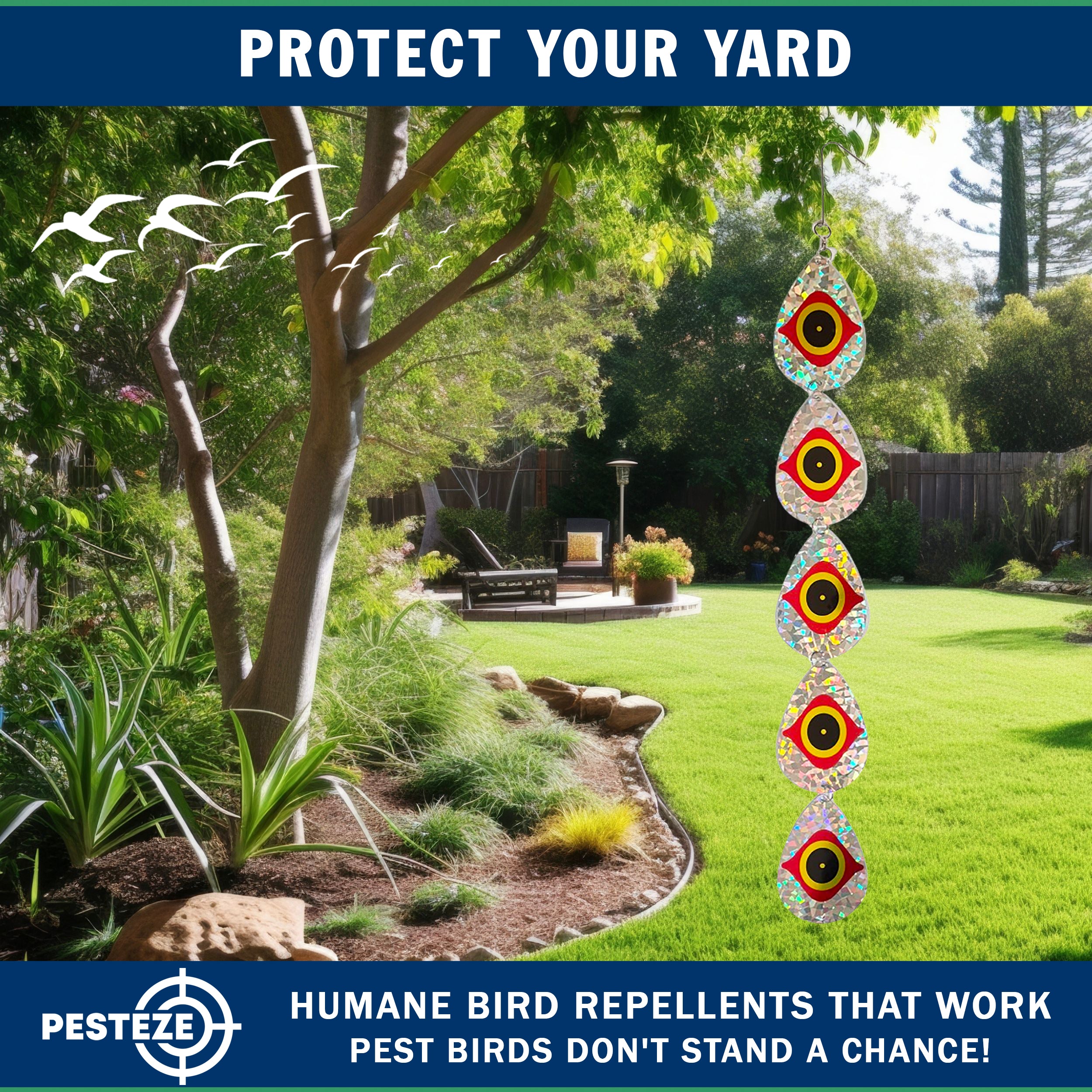 5 Piece PESTEZE® Shiny Water Droplet Repellents With Predator Eye [3.25 x 30 inch] Reflection Scares Pest Birds like Woodpeckers, Sparrows, Pigeons, Crows & Gulls without Harming them to Protect Property