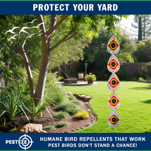 5 Piece PESTEZE® Shiny Water Droplet Repellents With Scare Eye [3.25 x 30 inch] Reflection Scares Pest Birds like Woodpeckers, Sparrows, Pigeons, Crows & Gulls without Harming them to Protect Property